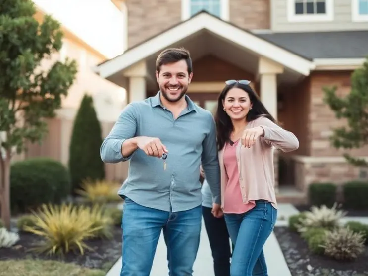 Home buying in Houston Bay Area Happy homebuyers with keys to their new home